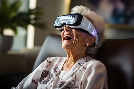 portrait of a happy older woman wearing virtual reality headset. ia generatedの素材