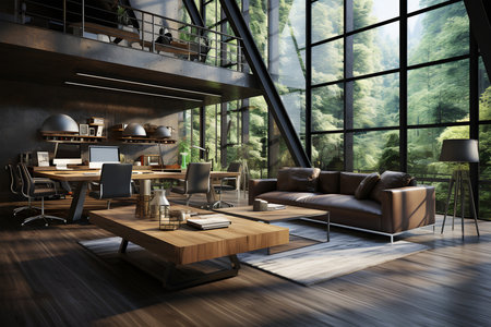loft type office with wooden floor, with desks and computers overlooking the valley. ia generatedの素材