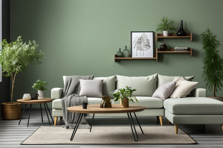 Modern living room interior with green wall, with armchairs and plants. ia generatedの素材