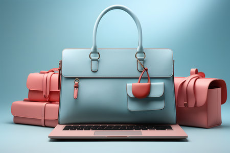 Laptop with leather handbags on blue background. 3d illustration. shopping concept. ai generativeの素材
