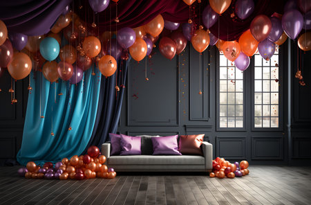 backdrop.Interior of living room with blue sofa and colorful balloons 3D rendering. ai generativeの素材