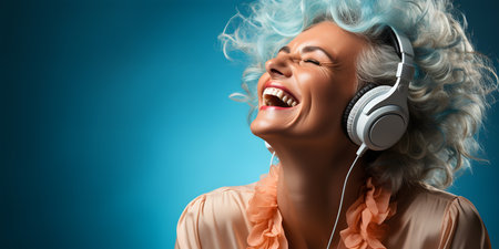 Happy senior woman with headphones listening to music and dancing on blue background. ai generativeの素材