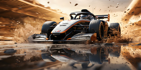 3D rendering of a racing car in motion with splashes of water. ai generativeの素材
