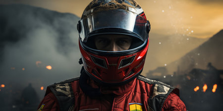 Portrait of a motorcyclist in a helmet against the background of the night sky. ai generativeの素材