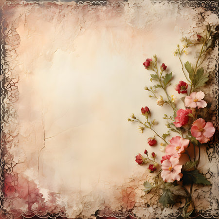 Vintage background with flowers and grunge paper texture. Copy space. ai generativeの素材