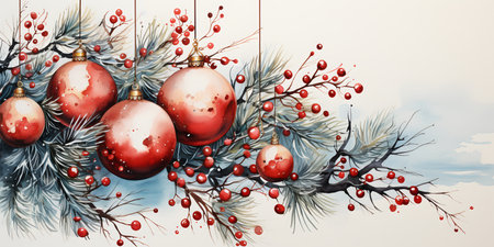 Christmas tree branch with red baubles. Watercolor illustration. ai generativeの素材
