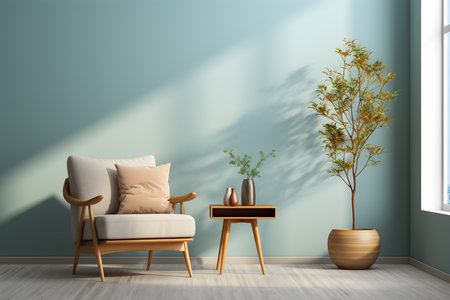 interior with blue wall with armchair and plant vase, 3d rendering. ai generativeの素材