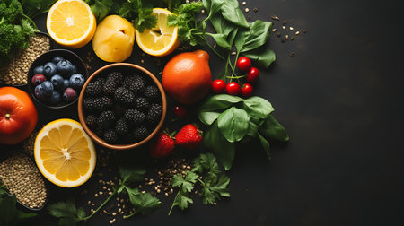 Healthy food background. Fruits and vegetables on black wooden table. ai generativeの素材