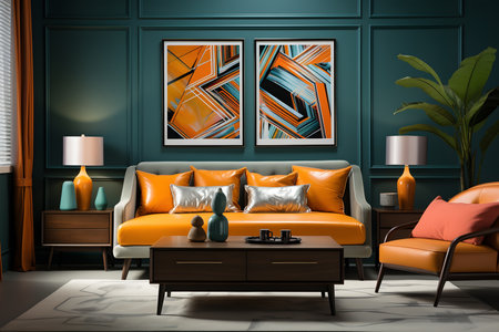 Interior of modern living room with green walls, concrete floor, comfortable orange sofa with orange cushions and coffee table with vases. 3d render. ai generativeの素材