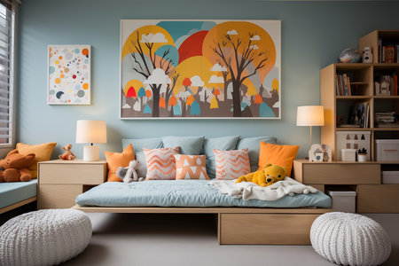 Children's bedroom interior with a blue wall, a wooden bed with pillows, a pouf and a teddy bear. 3d render. ai generativeの素材