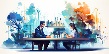 Vector illustration of a businessman and a businesswoman sitting at a table in a business meeting. ai generativeの素材