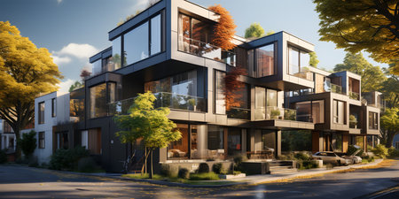 Modern apartment buildings on a sunny day with a blue sky. Facade of a modern apartment building. ai generativeの素材