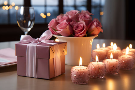 chocolate candies, gift box and candles on a wooden table. valentine's day concept. ai generativeの素材