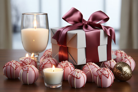 chocolate candies, gift box and candles on a wooden table. valentine's day concept. ai generativeの素材