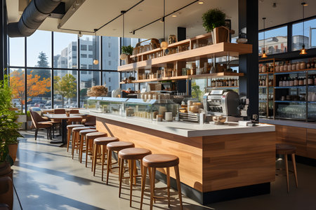 Interior of a modern cafe with wooden tables and chairs. ai generatedの素材