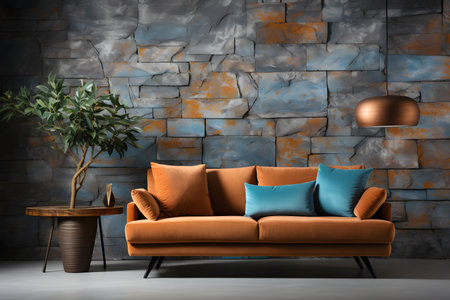 Terra cotta sofa with teal pillows against stone wall. Minimalist loft home interior design of modern living room, ai generatedの素材