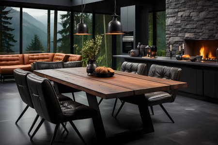 Interior of a modern dining room with a dining table and wooden chairs against a black wall. ai generatedの素材