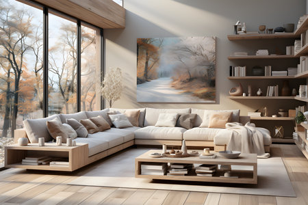 Interior of modern living room with white walls, wooden floor, comfortable sofa and bookcase. ai generatedの素材