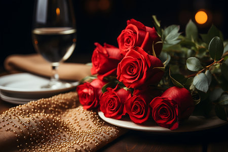 Romantic table with red roses, wine and napkin on a wooden table. valentine's day concept. ai generatedの素材