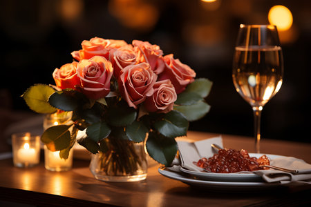 Romantic table with red roses, wine and napkin on a wooden table. valentine's day concept. ai generatedの素材