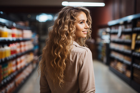Cheerful young woman shopping in supermarket aisleの素材
