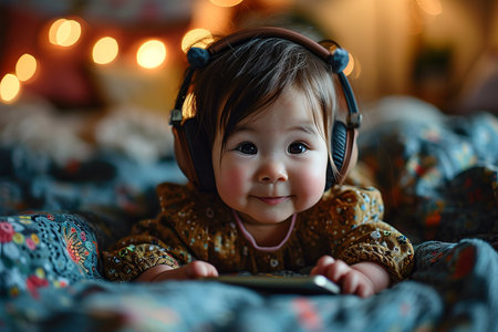 Cute baby with big headphones lying down, engrossed in musicの素材