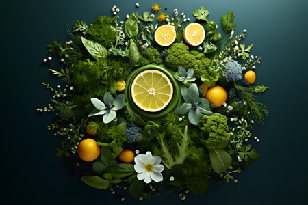 An array of fresh green vegetables and citrus fruits artfully arranged on a dark backgroundの素材