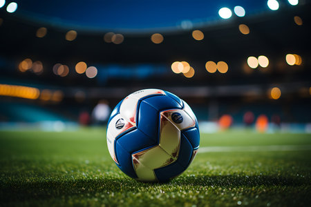 Foto de Close-up of a soccer ball on a grassy field with stadium lights creating a bokeh effect in the background - Imagen libre de derechos