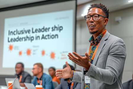 Confident African man delivering a presentation on inclusive leadership to colleaguesの素材