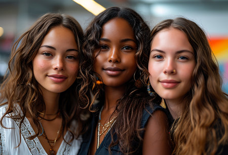 Three diverse, radiant young women smiling confidently at the camera. Portrait of Diverse Beautiful Young Womenの素材