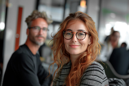 Two creative professionals with glasses share a smile in a modern, well-lit office space.の素材