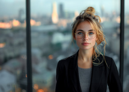 A young businesswoman with glasses poses with an impressive city skyline in the background.の素材