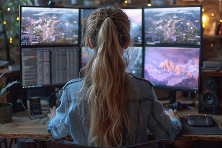 European woman, professional gamer, engaged with games on a multi-monitor computer setup.の素材