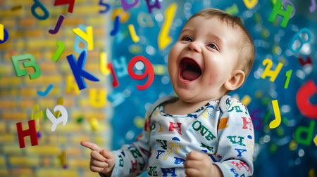 Excited toddler playing with colorful magnetic numbers and letters, expressing joy.の素材