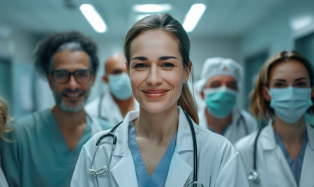 Confident medical team with doctors and nurses standing together in a hospital hallwayの素材