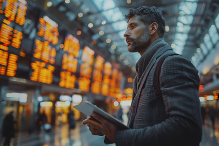 Adult male in smart attire reviews flight schedules on airport information board holding tablet.の素材