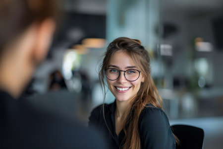 A radiant young woman with glasses shares a warm, genuine smile indoorsの素材