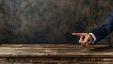 Close-up of Businessman's Hand Pointing Forward on Rustic Wooden Table, Decision Making Conceptの素材