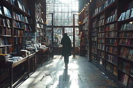 Silhouetted man standing in a vintage bookstore filled with shelves of books, contemplating a selectionの素材