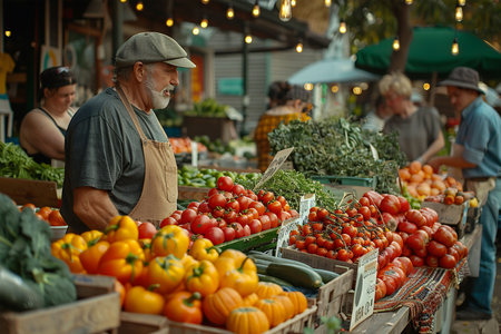 Senior vendor with cap arranging a colorful display of fresh tomatoes at a lively outdoor market.の素材