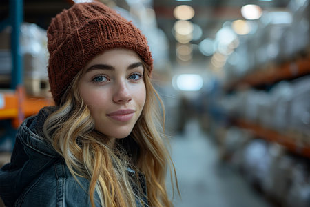 Smiling Young Woman with Knitted Beanie in a Warehouse, Captivating Look and Urban Styleの素材