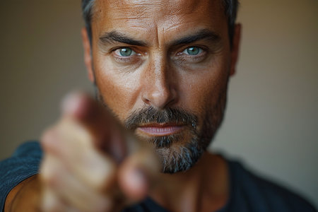 Intense Close-up Portrait of a Confident Mature Man Pointing Forwardの素材