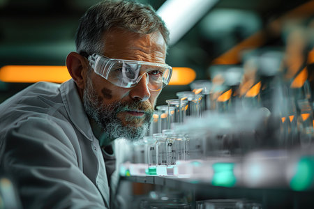Focused Senior Scientist Analyzing Samples in Modern Laboratoryの素材