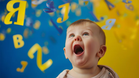 Astonished Baby with Colorful Flying Letters on Vibrant Yellow Backgroundの素材