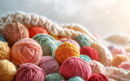 A vibrant selection of colorful yarn balls rests on a knitted background, highlighting creativity in crafts.の素材