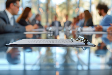 Close-up of Conference Room Table with Documents in Corporate Meetingの素材
