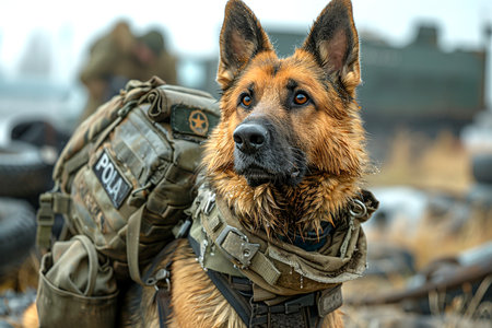 Focused German Shepherd police dog in tactical vest at an outdoor training site, showcasing loyalty and readinessの素材