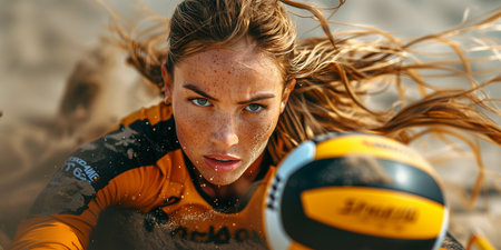 Female volleyball player playing on the beach during sunset, energetic and competitive.の素材