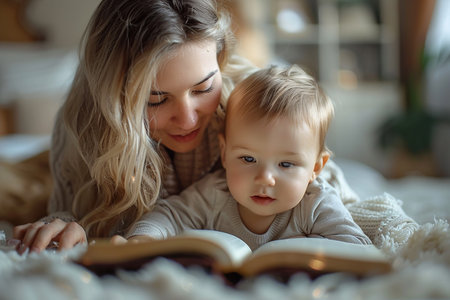 Young Mother Reading Book to Toddler at Home, Intimate Family Momentの素材