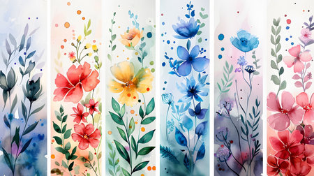 A series of watercolor paintings featuring colorful flowers and leaves.の素材